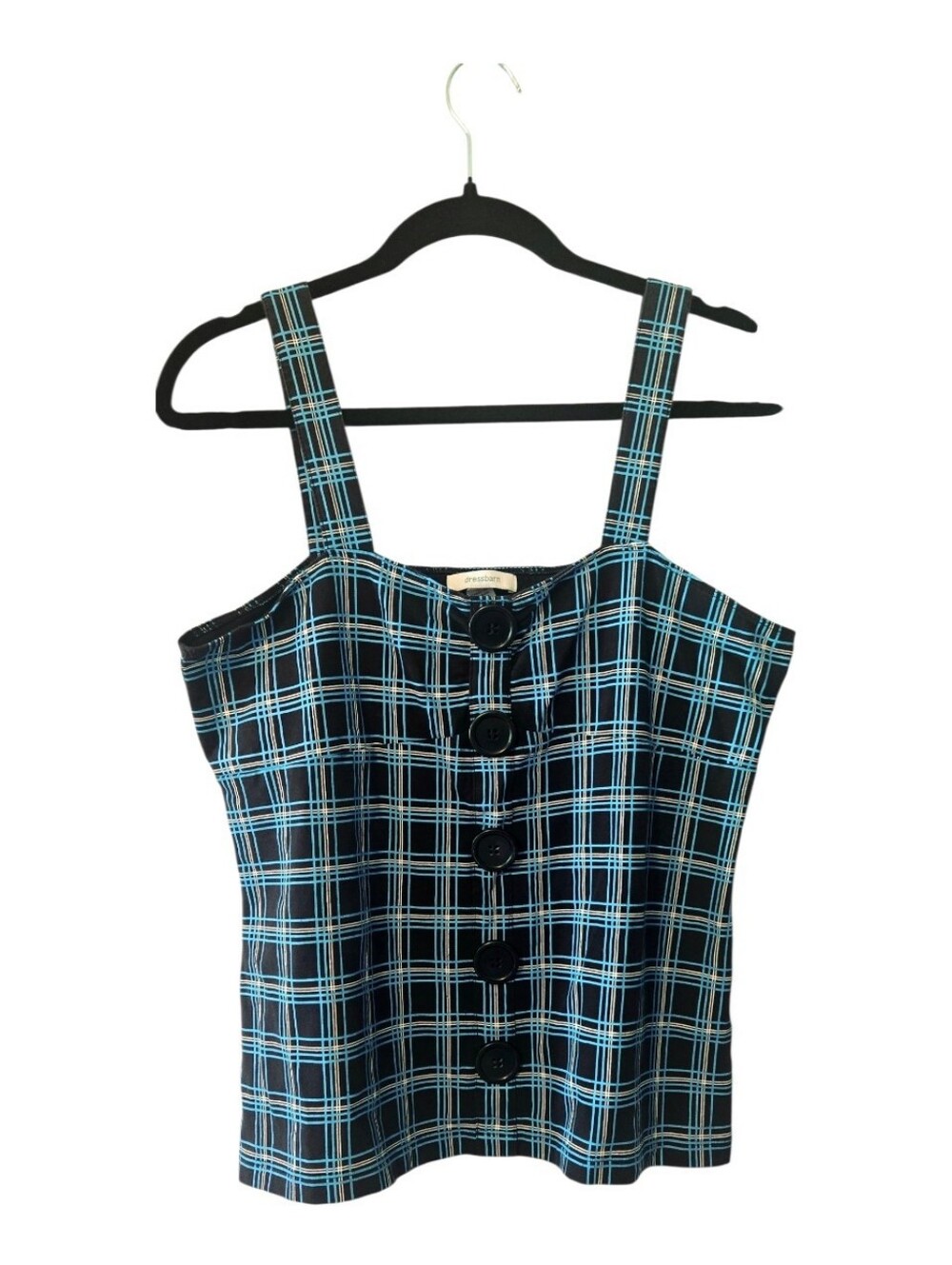Vintage Dressbarn Black Plaid Tank with Bright Blue Accents